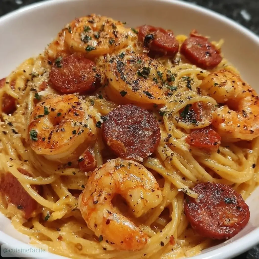 Spaghetti à la Crème de Poivron, Chorizo & Crevettes