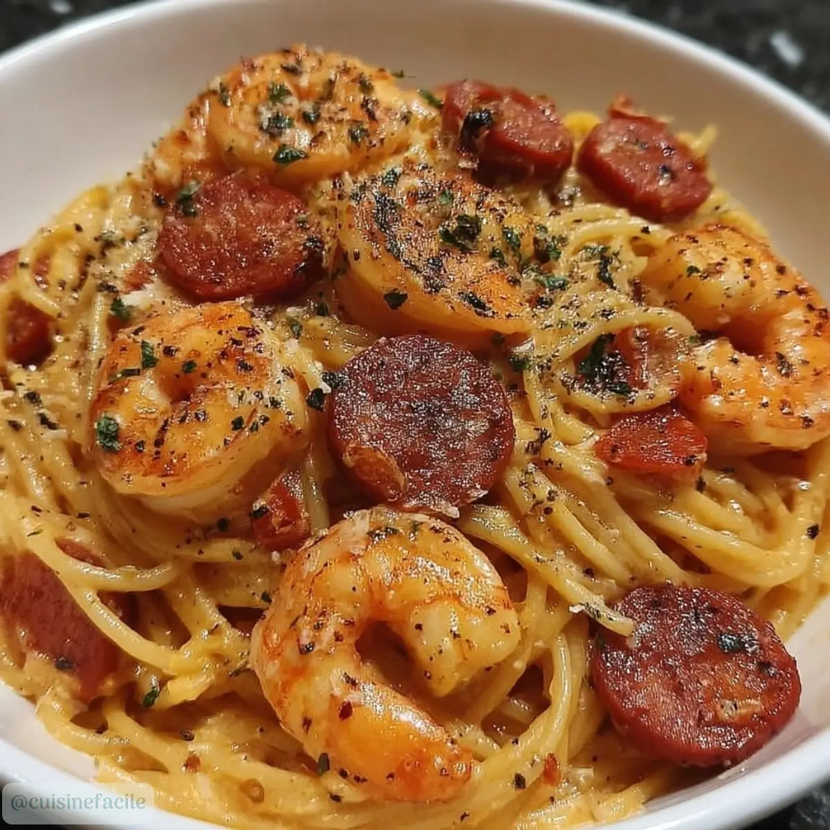 Spaghetti à la Crème de Poivron, Chorizo & Crevettes