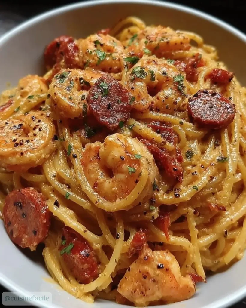spaghetti chorizo crevettes
