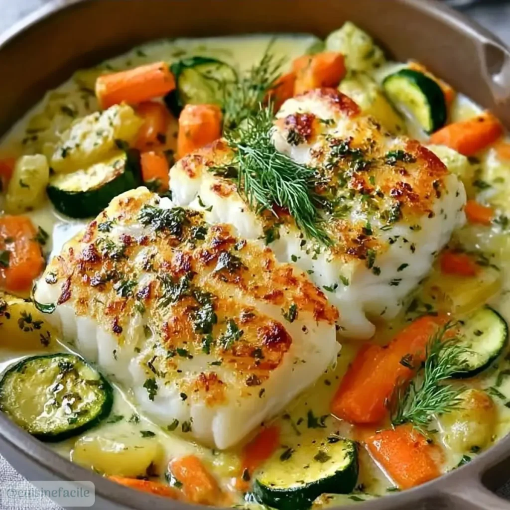 Cabillaud Rôti aux Légumes et Sauce Crémeuse au Four